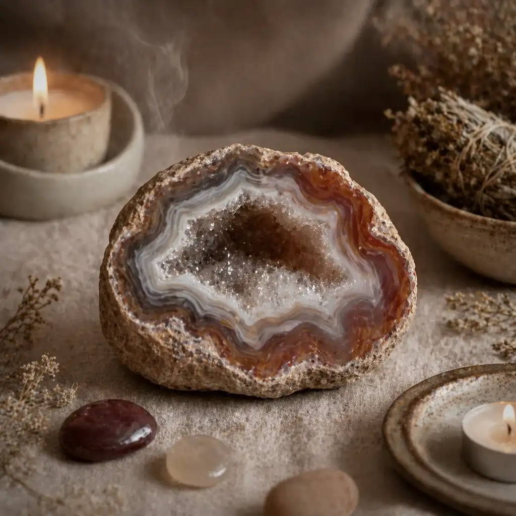 Agate crystal in a calming healing ritual scene with candlelight, linen textures, and earthy spiritual ambience