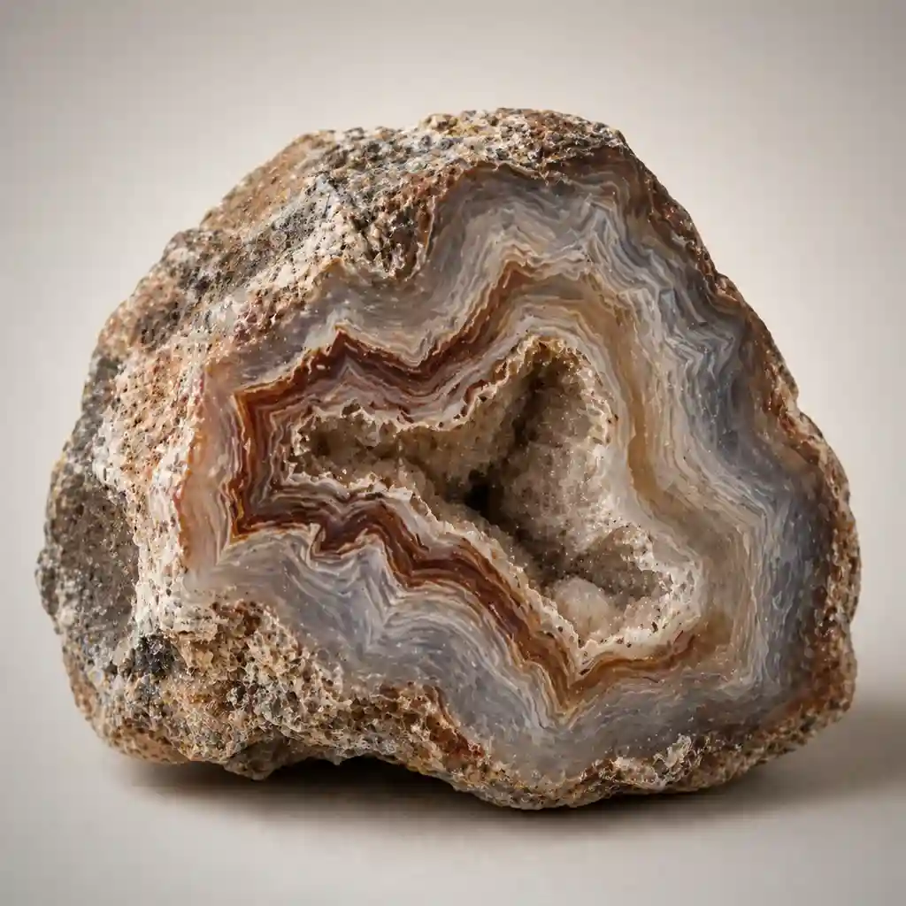Raw agate crystal specimen showing natural layered banding, earthy mineral textures, and translucent chalcedony edges