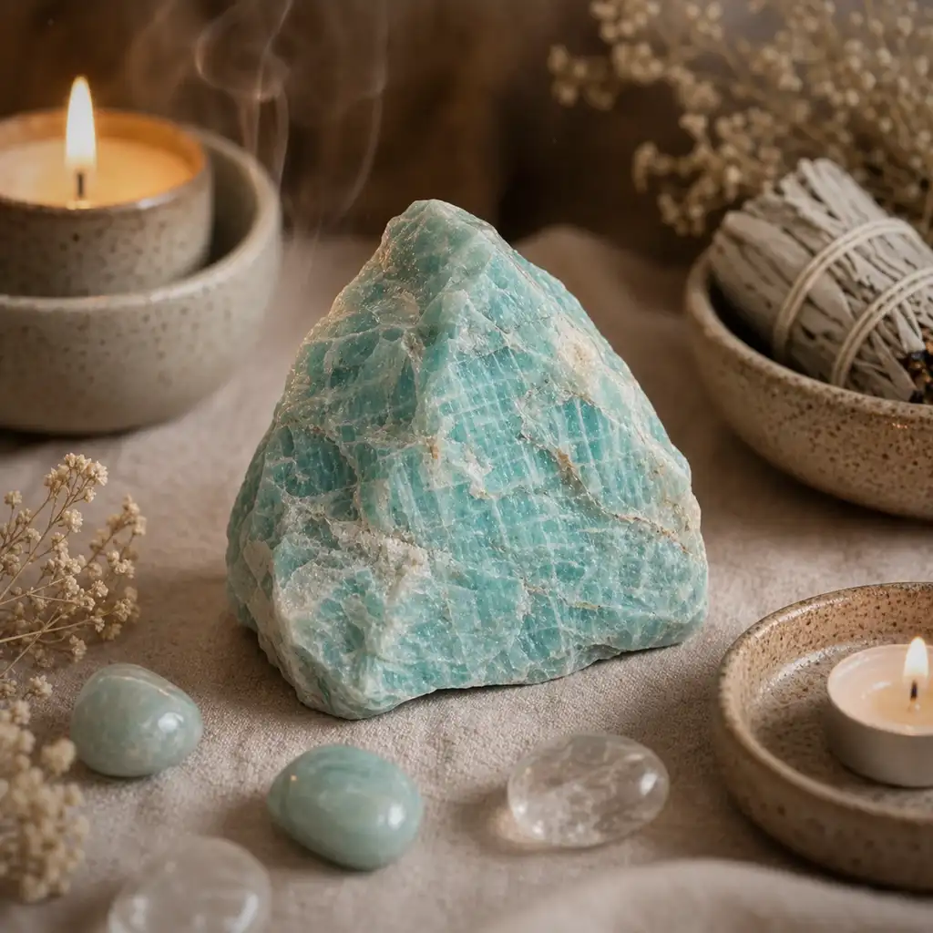 Amazonite crystal in a calming healing ritual scene with candlelight, linen textures, and soft spiritual ambience
