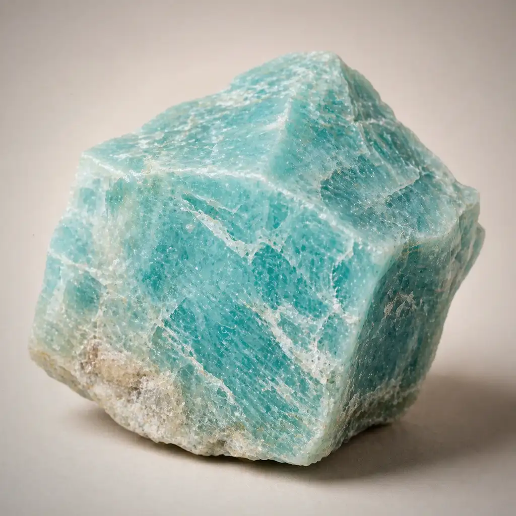 Raw amazonite crystal specimen showing natural blue-green feldspar tones, soft white streaking, and mineral texture