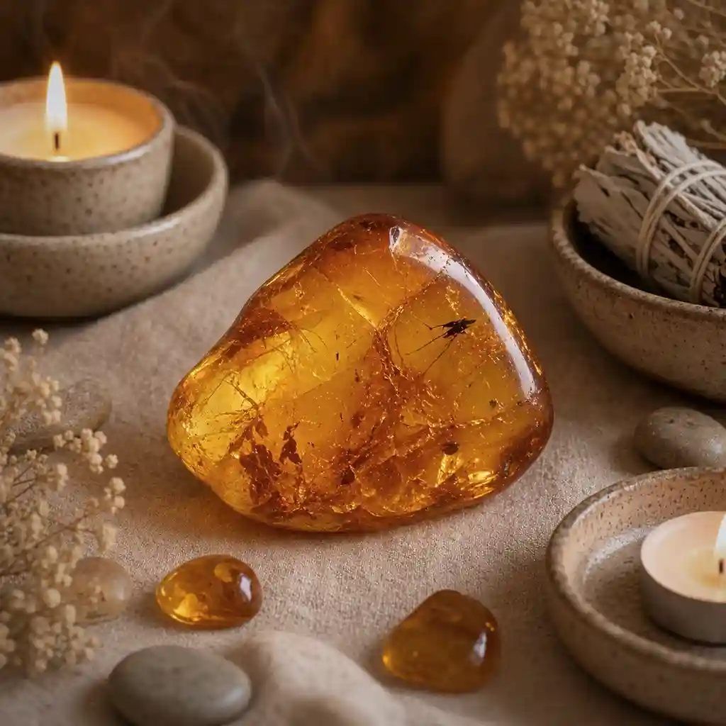 Amber stone in a calming healing ritual scene with candlelight, linen textures, and warm spiritual ambience