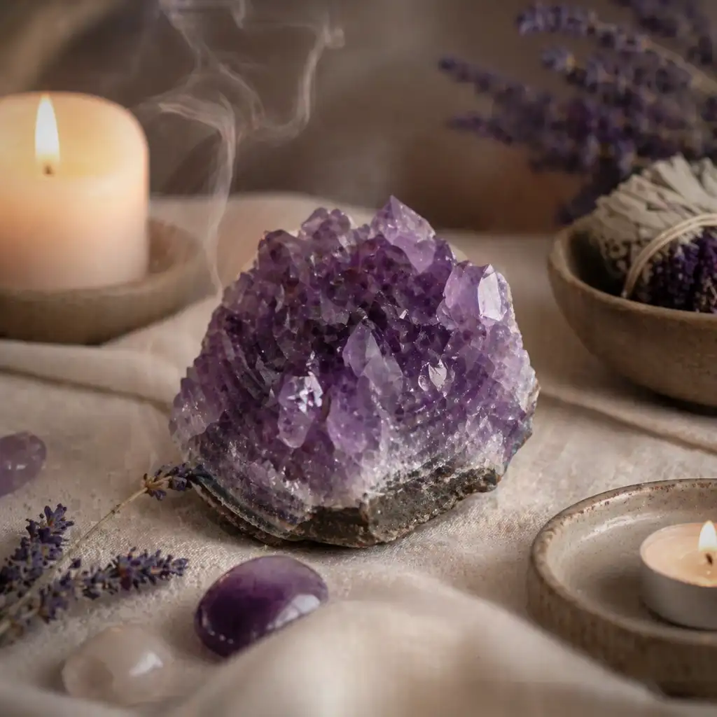 Amethyst crystal in a calming healing ritual scene with candlelight, linen textures, and spiritual ambience
