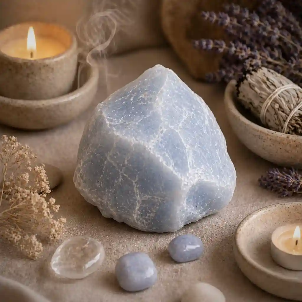 Angelite stone in a calming healing ritual scene with candlelight, linen textures, and gentle spiritual ambience