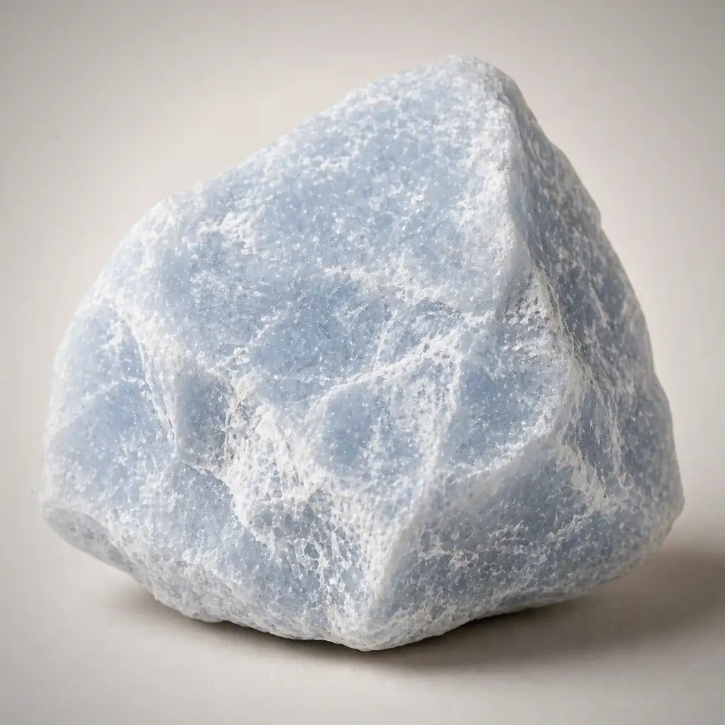Raw angelite crystal specimen showing pale blue anhydrite color, soft cloudy white marbling, and matte mineral texture