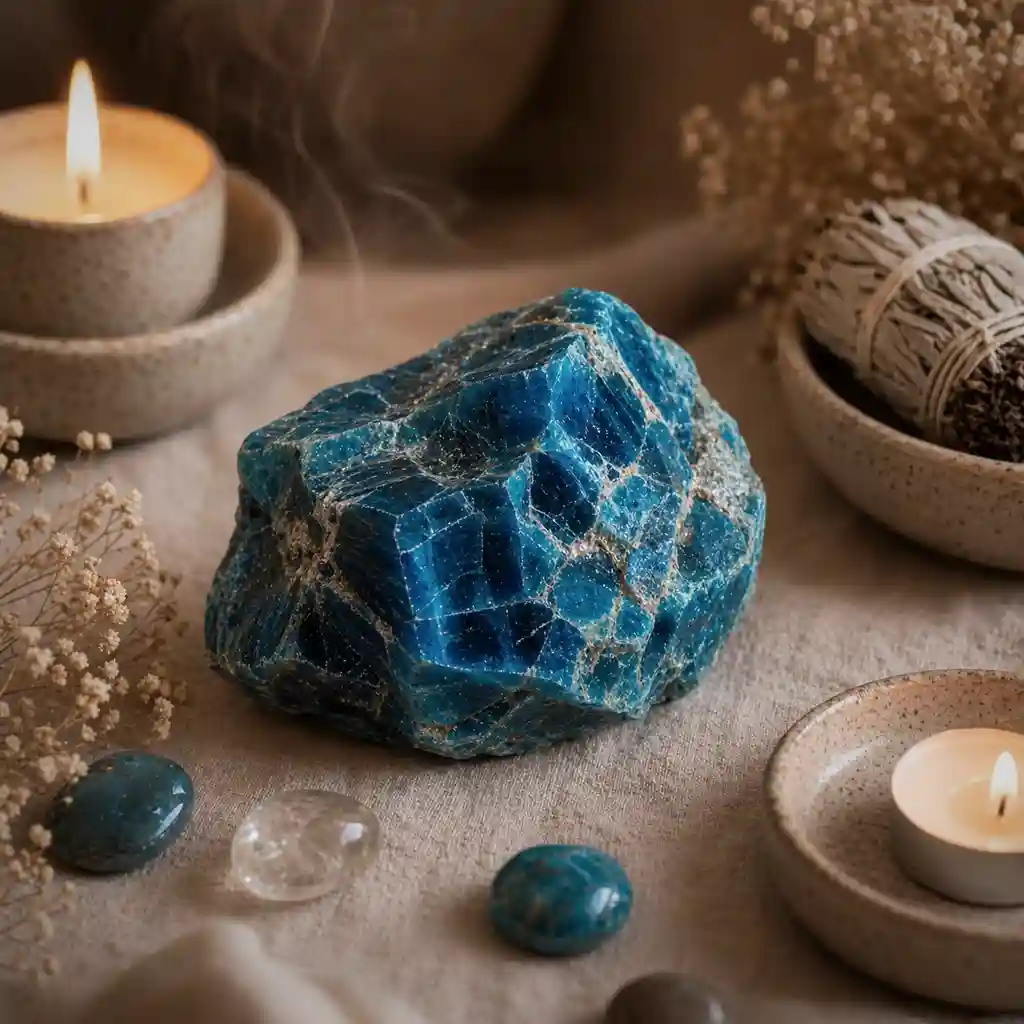 Blue apatite crystal in a calming healing ritual scene with candlelight, linen textures, and spiritual ambience