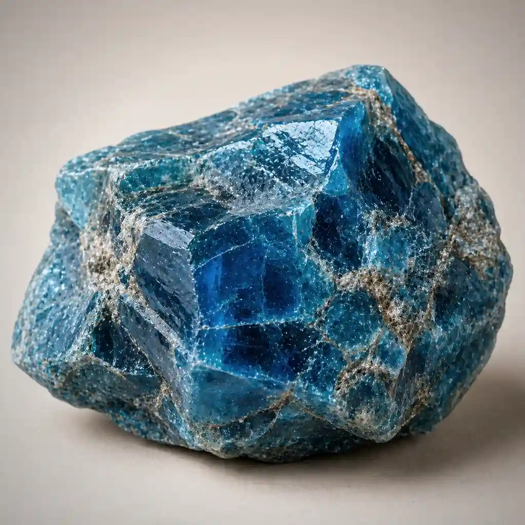 Raw blue apatite crystal specimen showing vivid electric blue to teal mineral color and natural rough texture