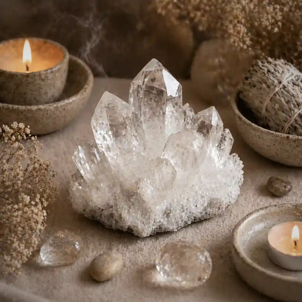 Apophyllite crystal in a calming healing ritual scene with candlelight, linen textures, and spiritual ambience