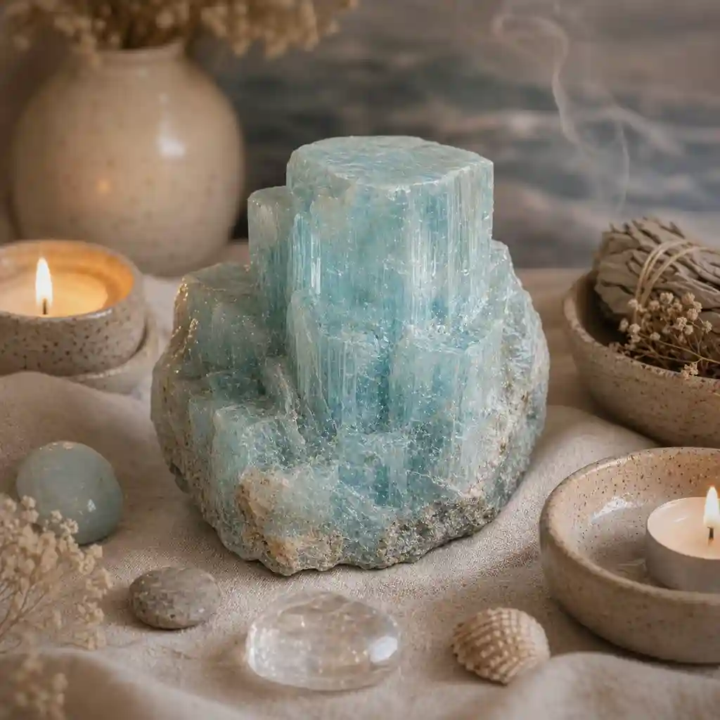Aquamarine crystal in a calming healing ritual scene with candlelight, linen textures, and oceanic spiritual ambience