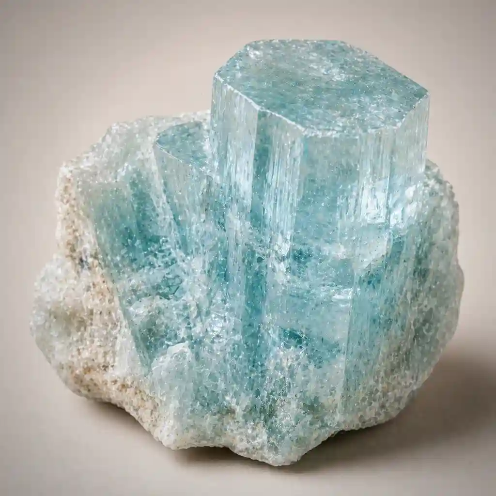 Raw aquamarine crystal specimen showing pale blue to seafoam beryl color and natural hexagonal crystal structure
