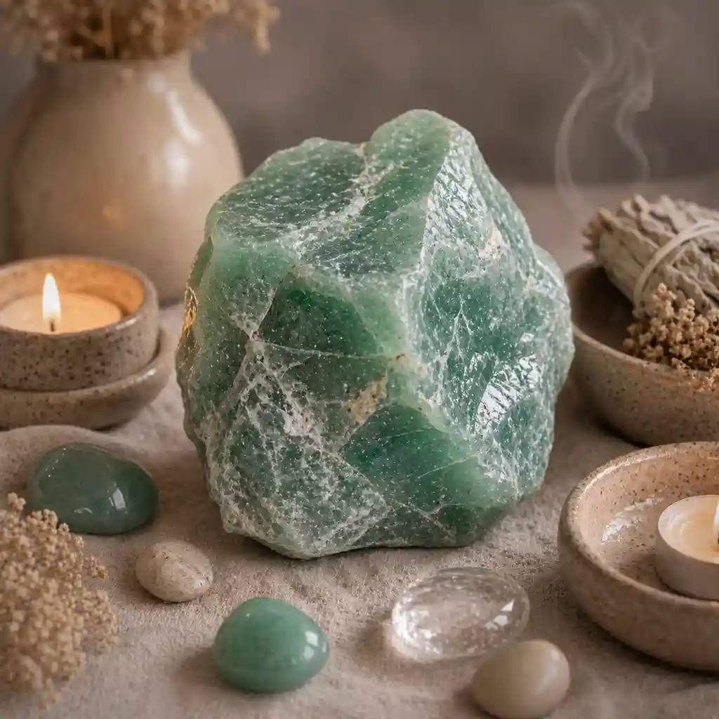 Green aventurine crystal in a calming healing ritual scene with candlelight, linen textures, and heart-centered spiritual ambience