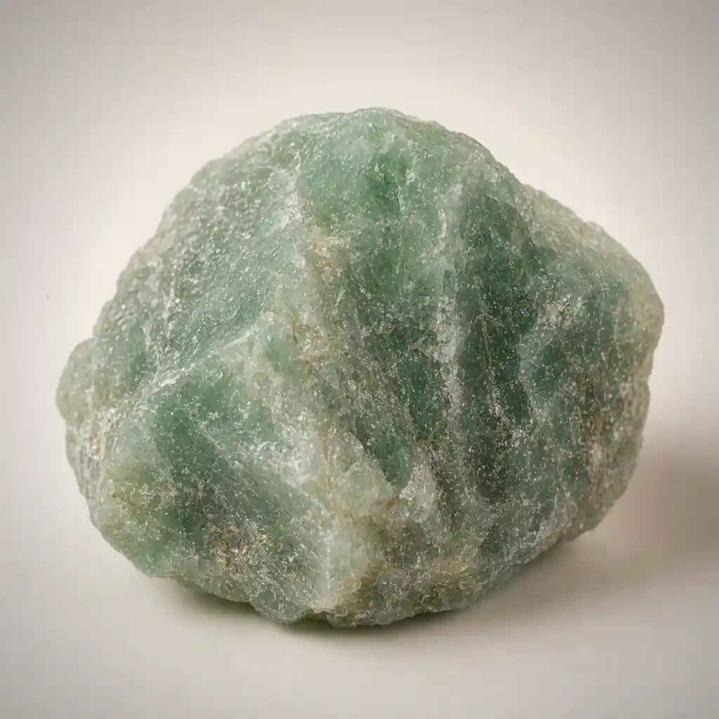 Raw green aventurine crystal specimen showing soft green quartz color, natural mineral texture, and subtle mica shimmer