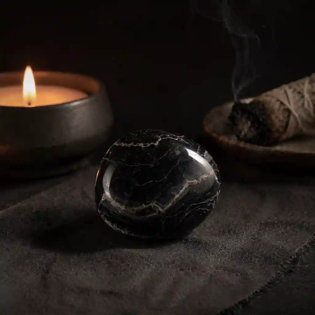 Black onyx crystal in a grounding healing ritual scene with candlelight, dark linen textures, and protective spiritual ambience