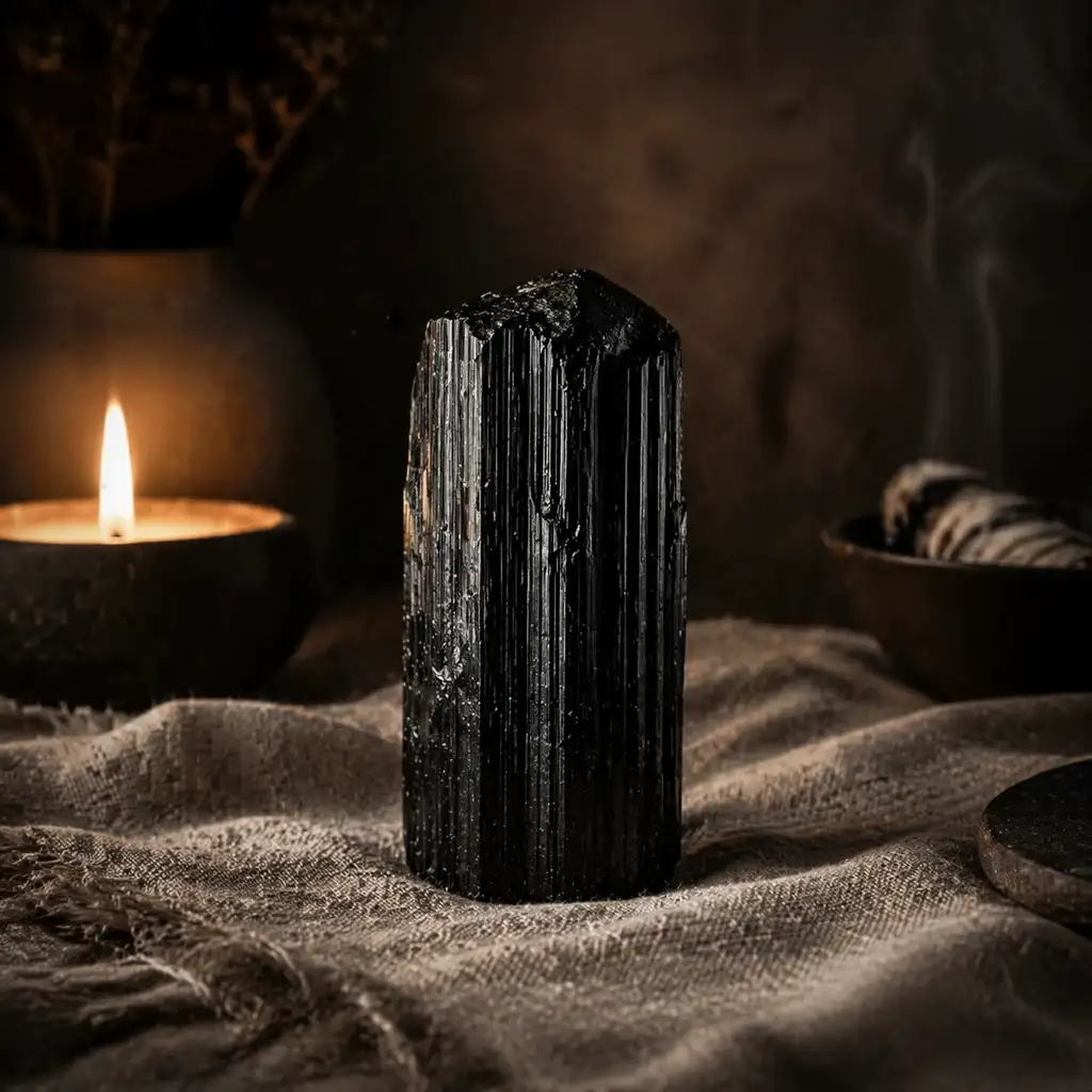 Black tourmaline crystal in a protective healing ritual scene with candlelight, linen textures, and grounding spiritual ambience