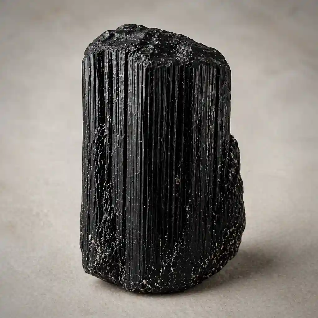Raw black tourmaline crystal specimen showing deep black color, strong vertical striations, and natural mineral texture