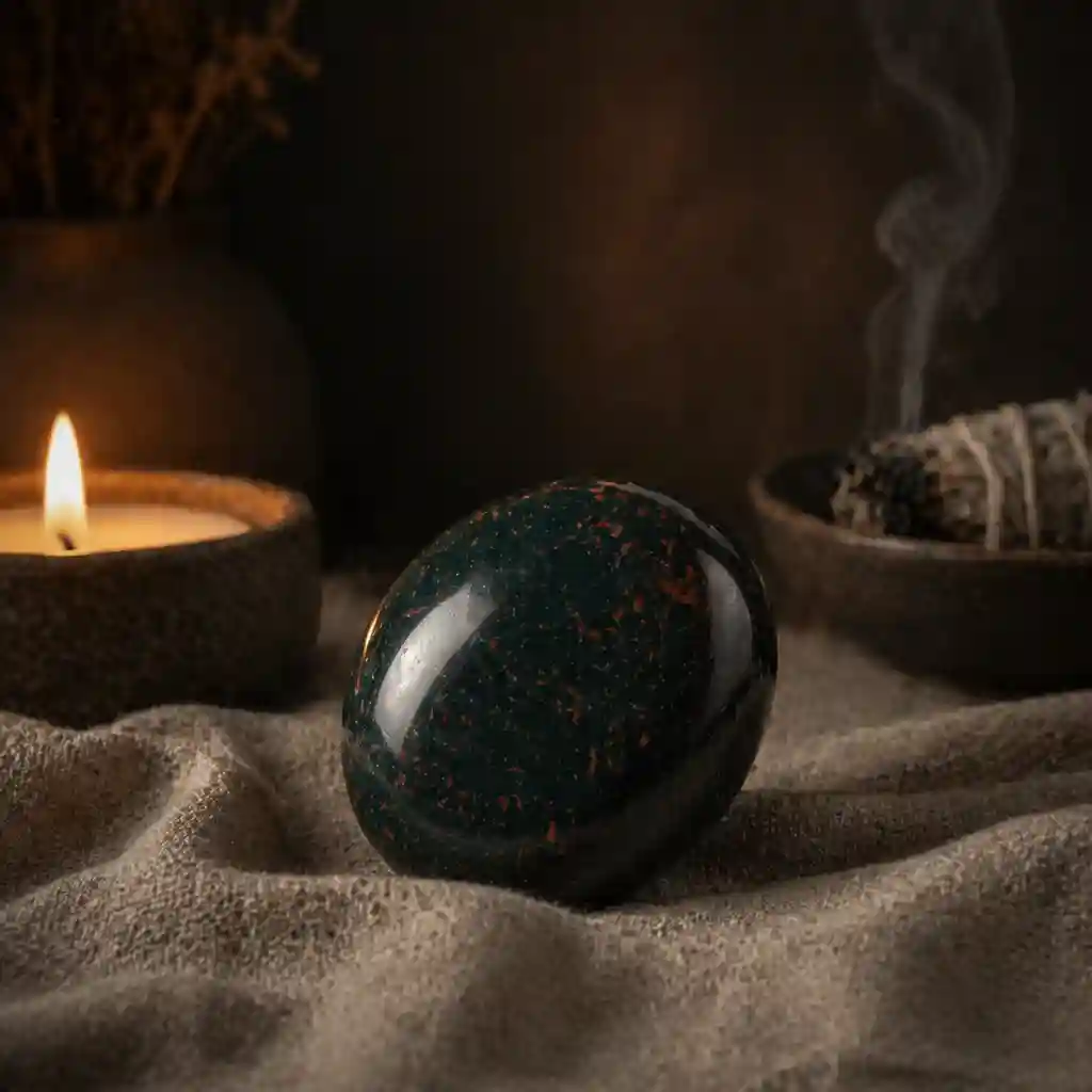 Bloodstone crystal in a healing ritual scene with candlelight, linen textures, and grounded courageous spiritual ambience