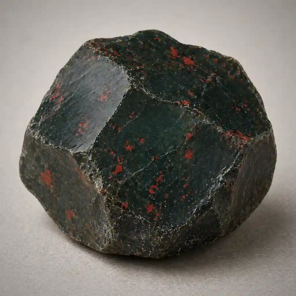 Raw bloodstone crystal specimen showing dark green chalcedony with natural red iron-oxide spots and rugged mineral texture