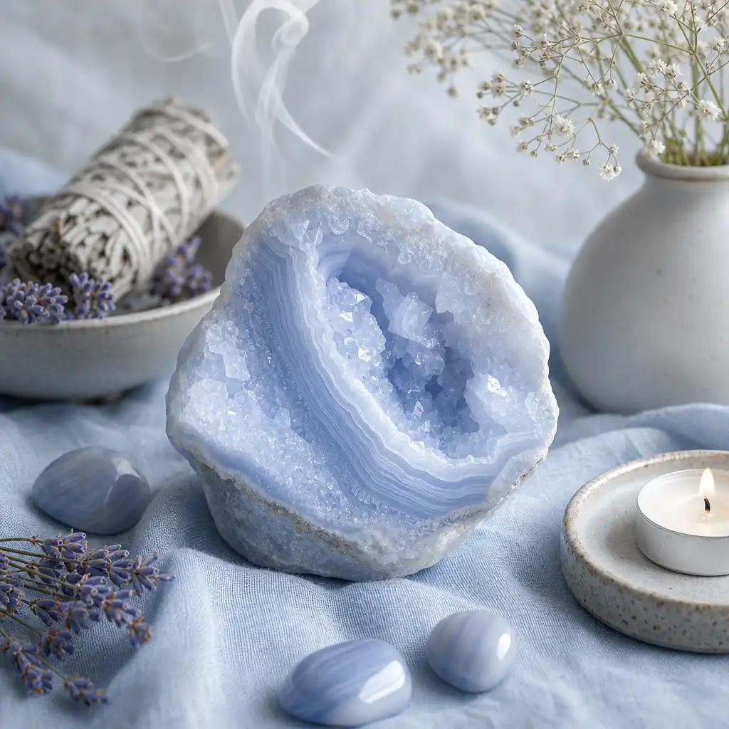 Blue Lace Agate crystal in a spiritual healing meditation scene with candles and calm serene atmosphere