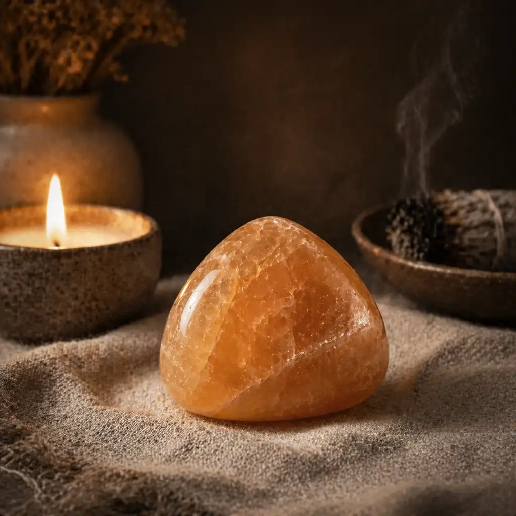 Orange calcite crystal in a healing ritual scene with candlelight, linen textures, and uplifting spiritual ambience