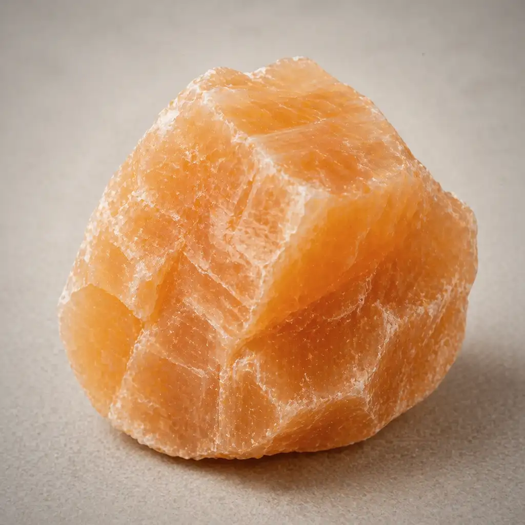 Raw orange calcite crystal specimen showing warm translucent orange color, natural cleavage surfaces, and soft internal banding
