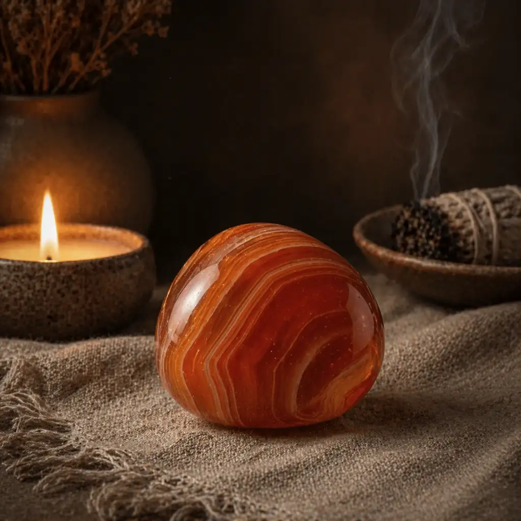 Carnelian agate crystal in a healing ritual scene with candlelight, linen textures, and warm balancing spiritual ambience