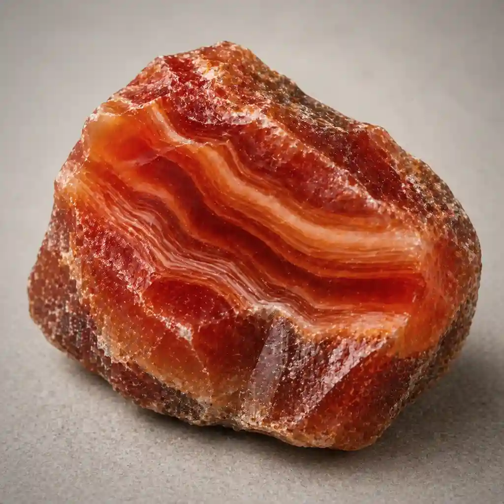 Raw carnelian agate crystal specimen showing orange-red banded chalcedony, layered agate stripes, and rugged mineral texture