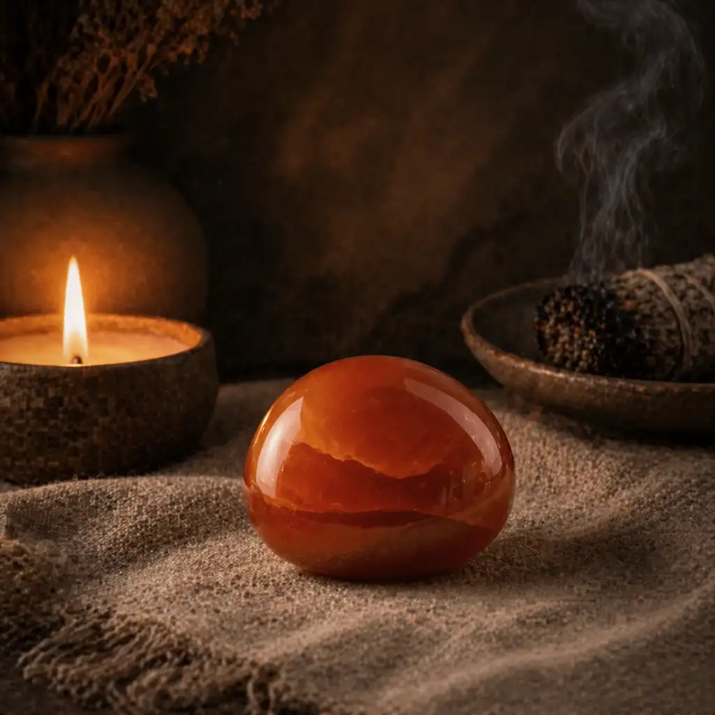 Carnelian crystal in a healing ritual scene with candlelight, linen textures, and warm motivating spiritual ambience