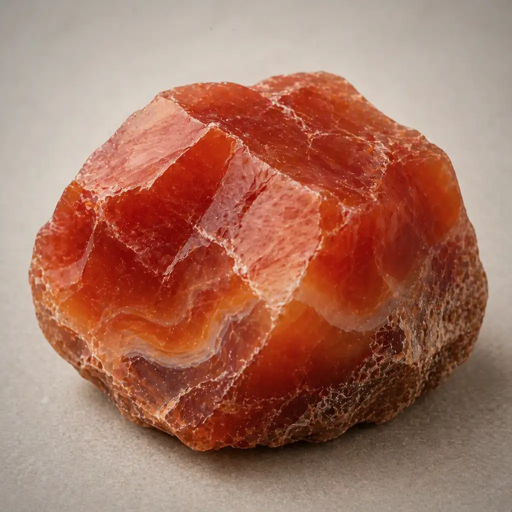 Raw carnelian crystal specimen showing orange-red chalcedony, natural cloudy banding, and rugged mineral texture
