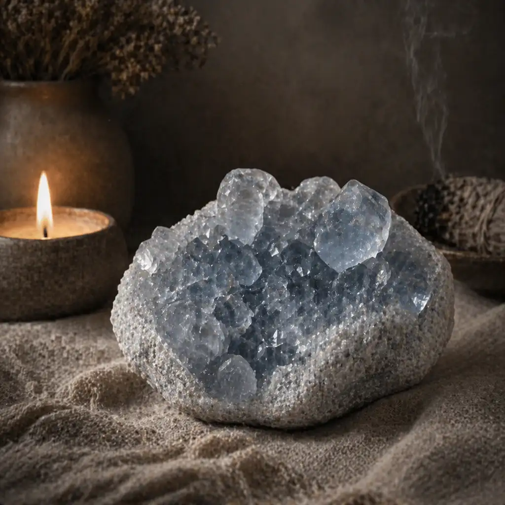 Celestite crystal in a healing ritual scene with candlelight, linen textures, and peaceful celestial spiritual ambience