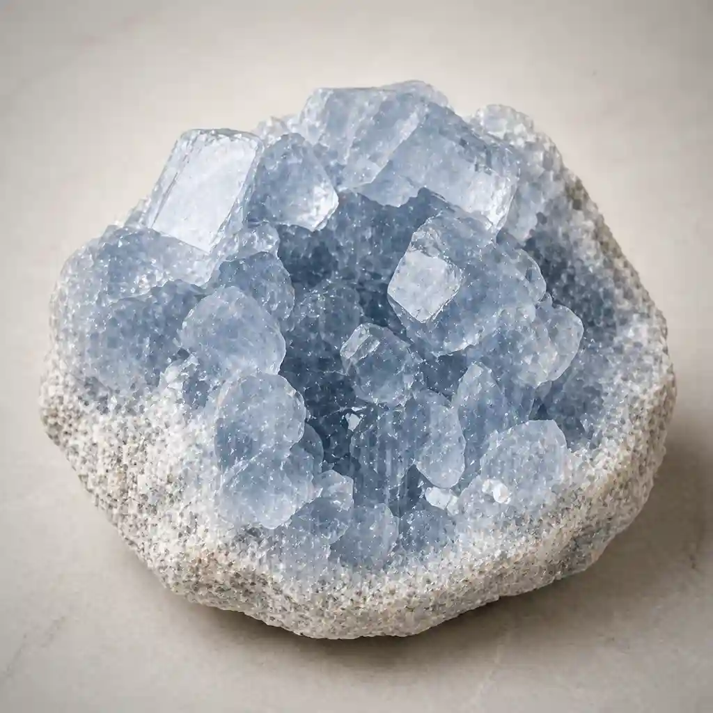 Raw celestite crystal specimen showing pale sky-blue translucent crystals and delicate natural cluster structure