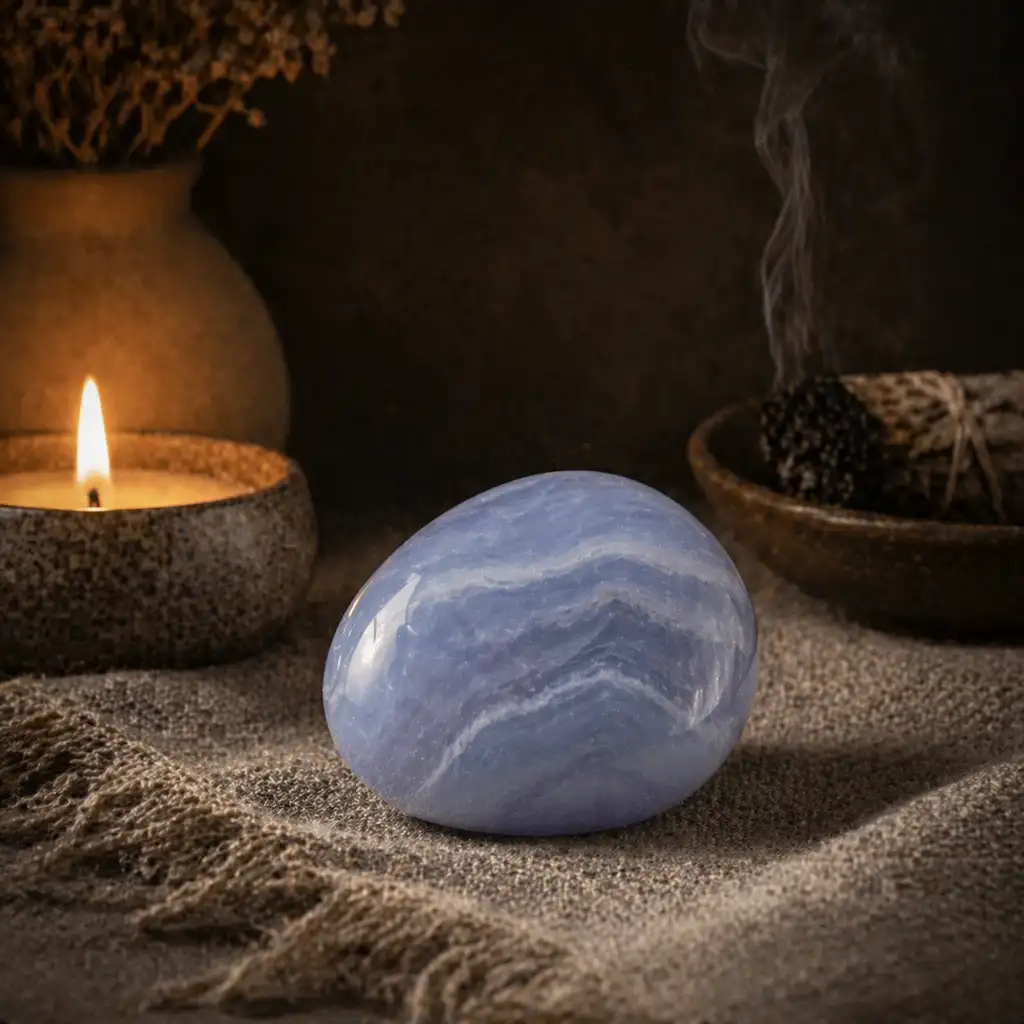 Blue chalcedony crystal in a healing ritual scene with candlelight, linen textures, and gentle calming spiritual ambience