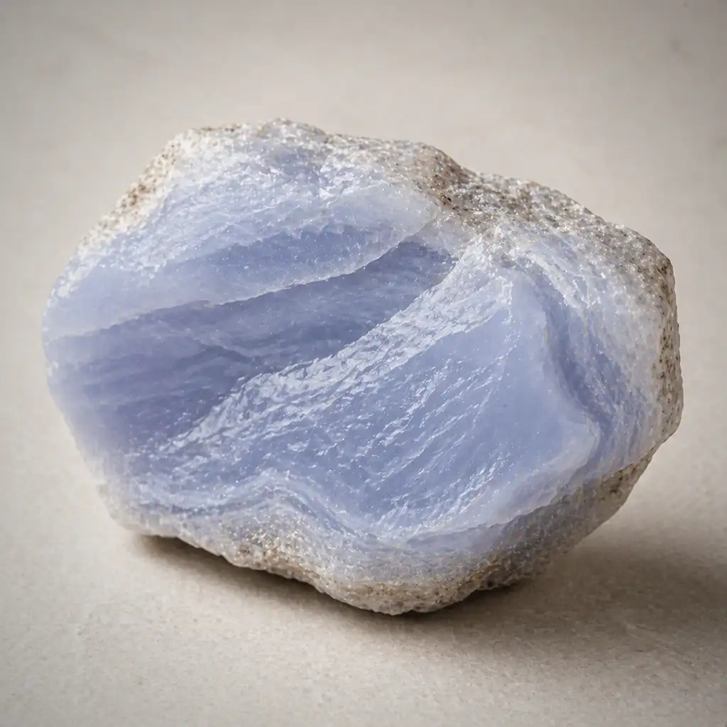 Raw blue chalcedony crystal specimen showing pale blue chalcedony, soft natural banding, and waxy mineral texture