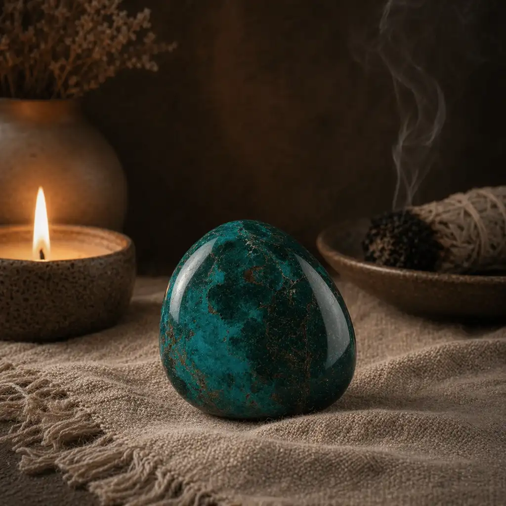 Chrysocolla crystal in a healing ritual scene with candlelight, linen textures, and nurturing spiritual ambience