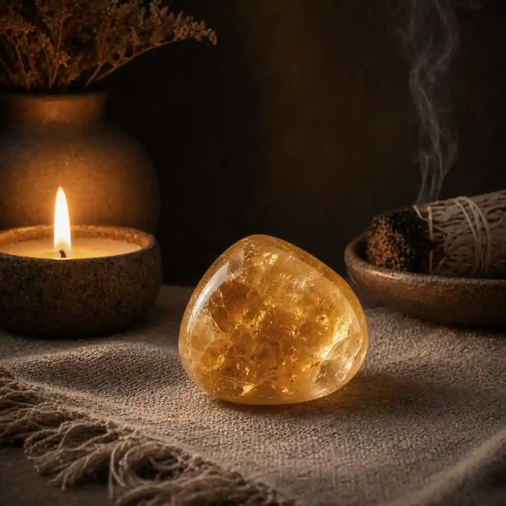 Citrine crystal in a healing ritual scene with candlelight, linen textures, and uplifting abundance ambience