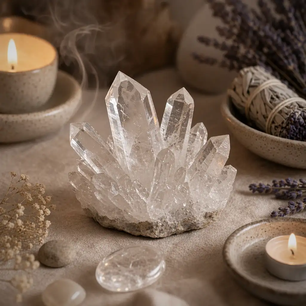 Clear quartz crystal in a calming healing ritual scene with candlelight, linen textures, and a serene spiritual atmosphere