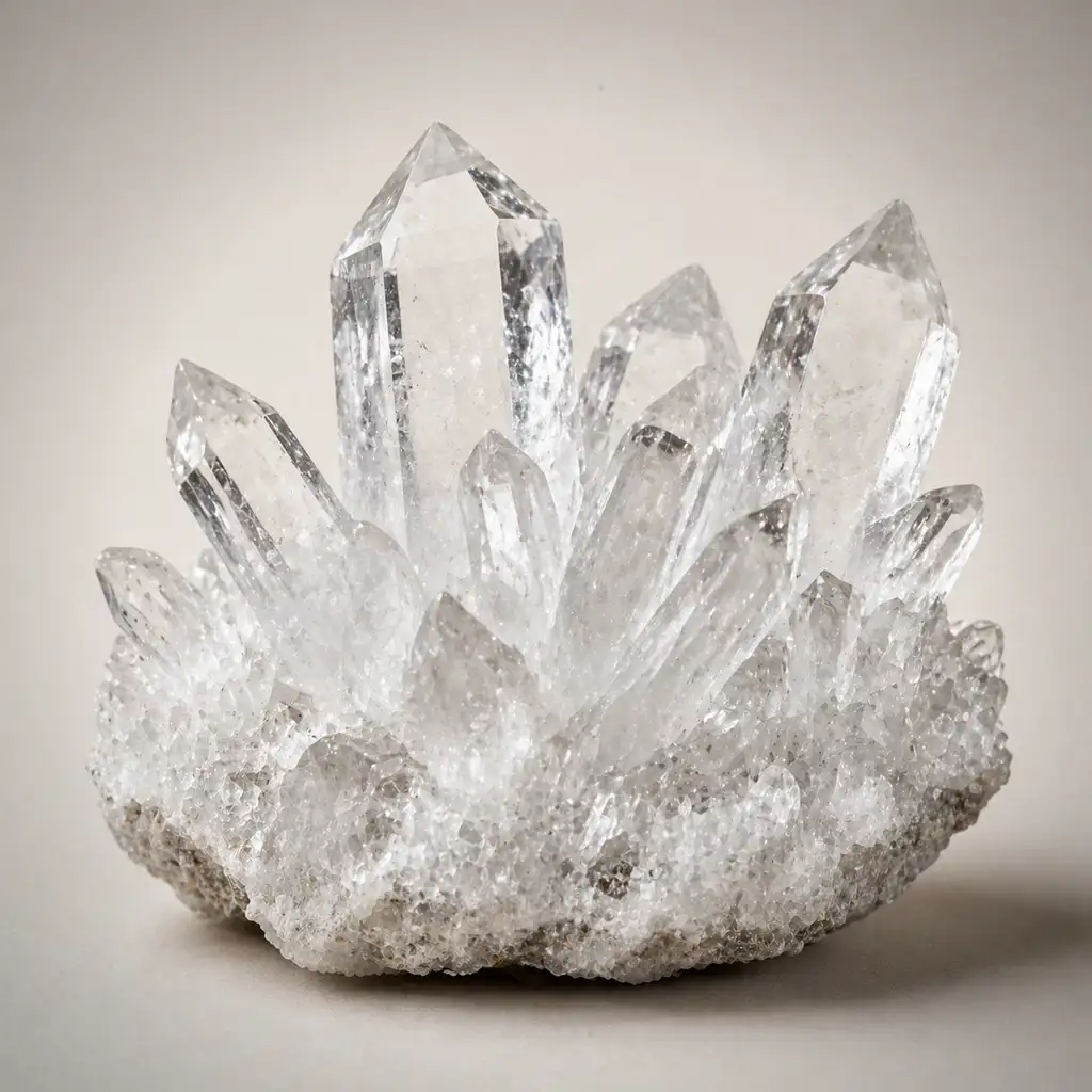 Raw clear quartz crystal cluster showing transparent icy points and natural clarity variations