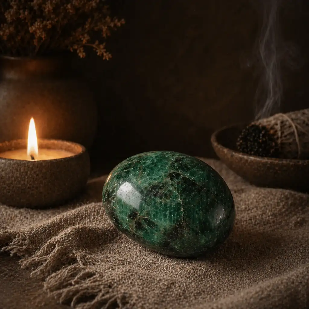 Emerald crystal in a healing ritual scene with candlelight, linen textures, and loving heart-centered spiritual ambience