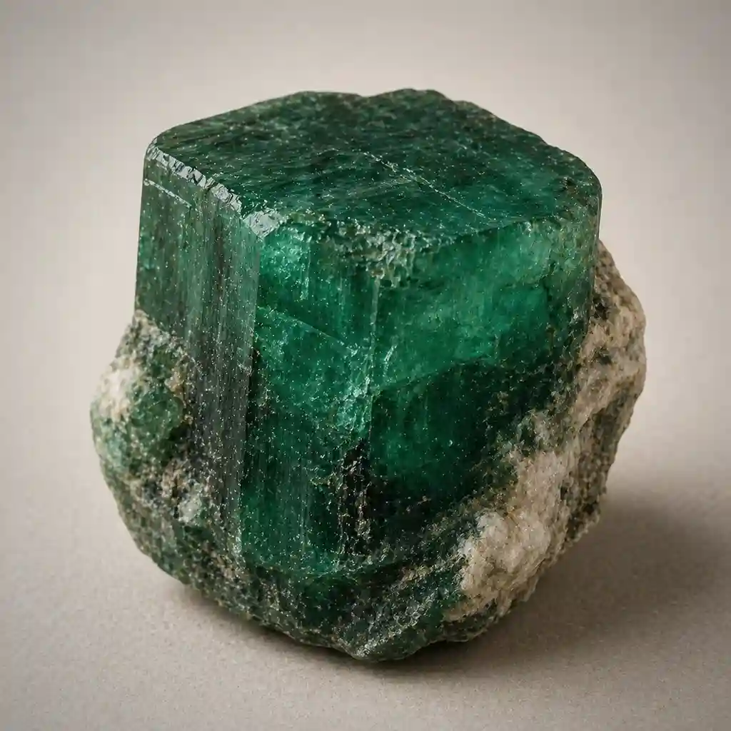 Raw emerald crystal specimen showing vivid deep green beryl, natural inclusions, and rugged mineral texture