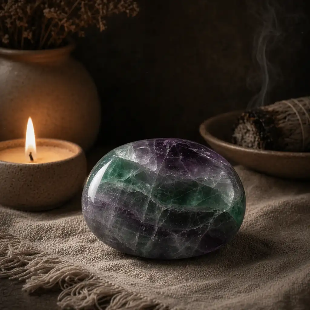 Fluorite crystal in a healing ritual scene with candlelight, linen textures, and clear focused spiritual ambience