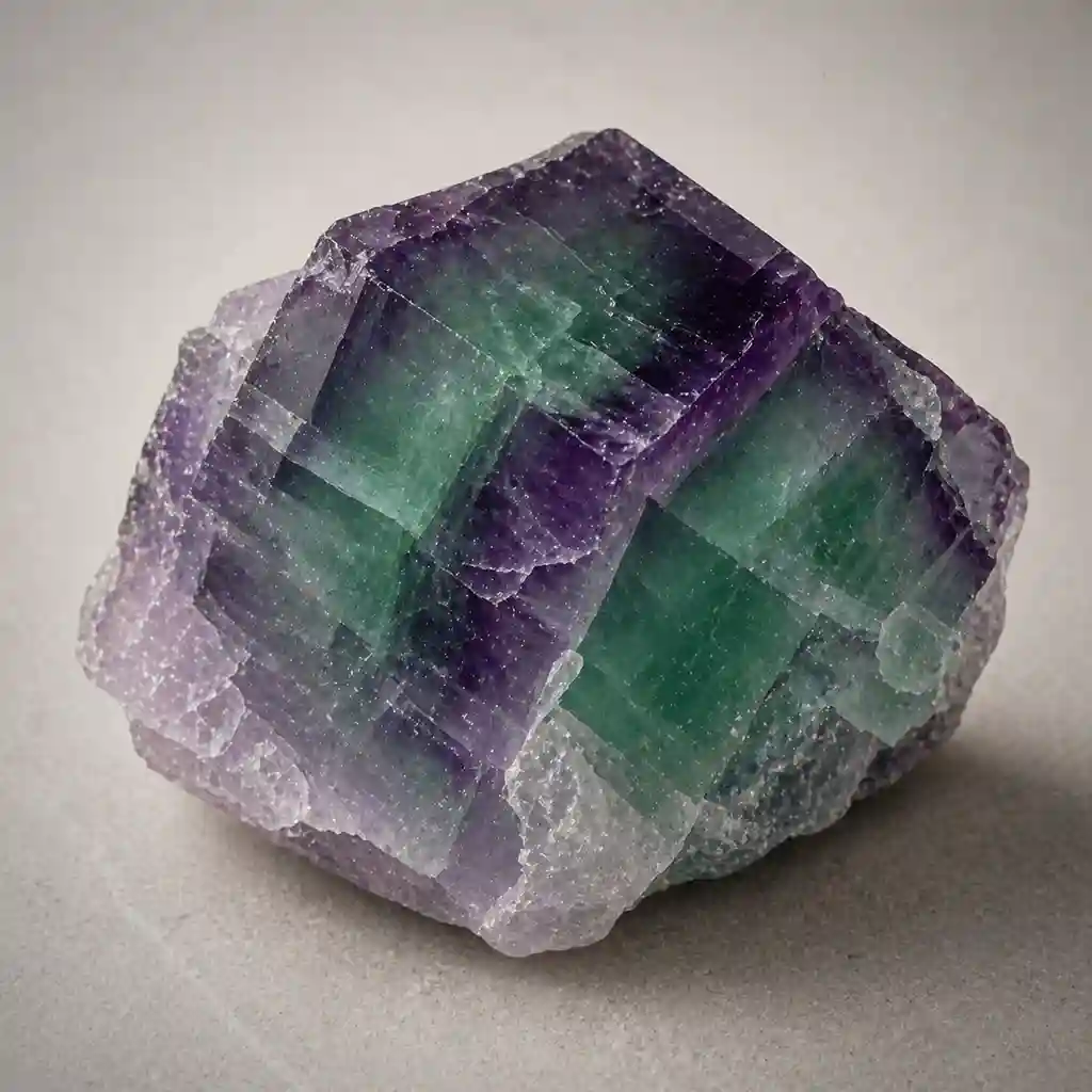 Raw fluorite crystal specimen showing translucent green and purple zoning with natural cubic crystal structure
