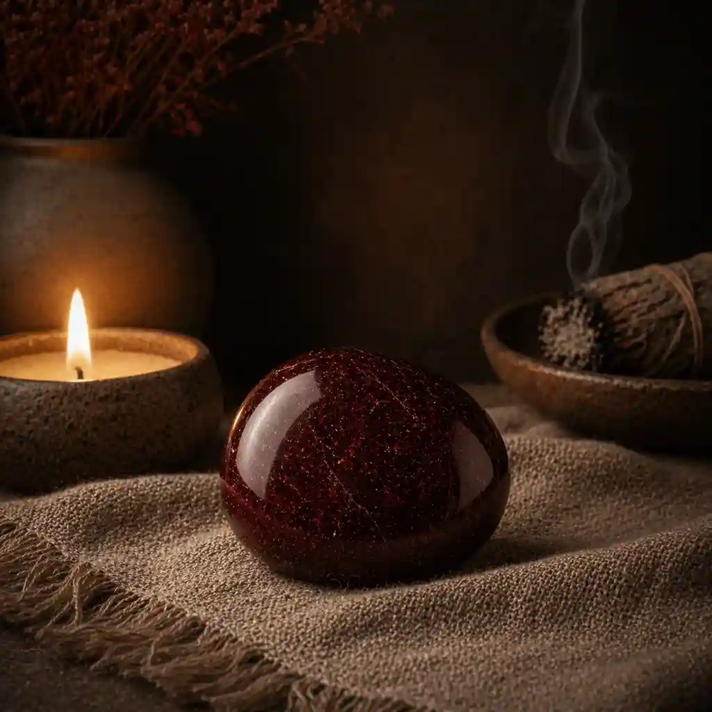 Garnet crystal in a healing ritual scene with candlelight, linen textures, and warm passionate spiritual ambience