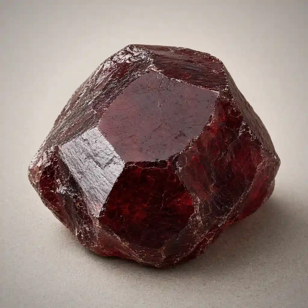 Raw garnet crystal specimen showing deep red mineral color, natural crystal faces, and rugged texture