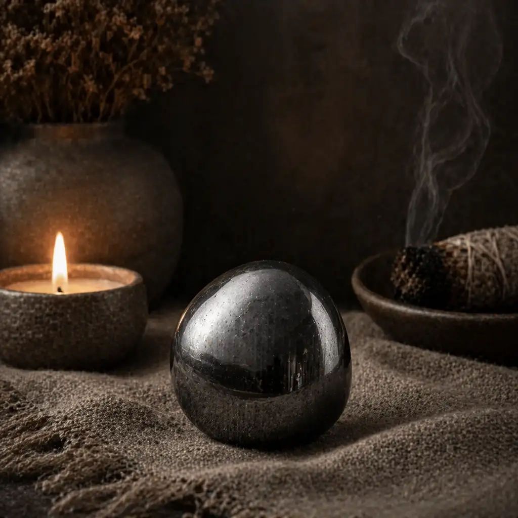 Hematite crystal in a healing ritual scene with candlelight, linen textures, and grounded protective spiritual ambience