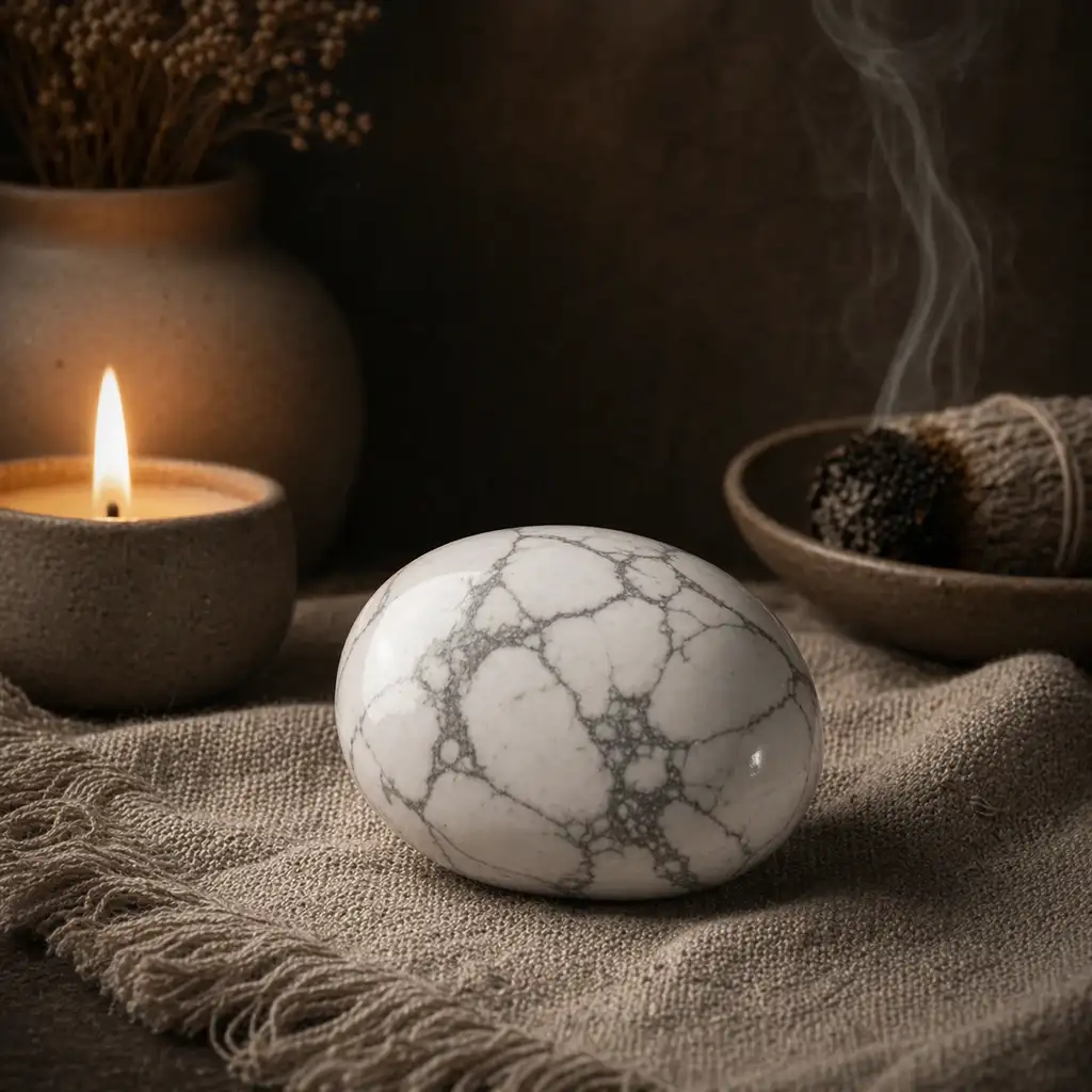 Howlite crystal in a healing ritual scene with candlelight, linen textures, and restful spiritual ambience