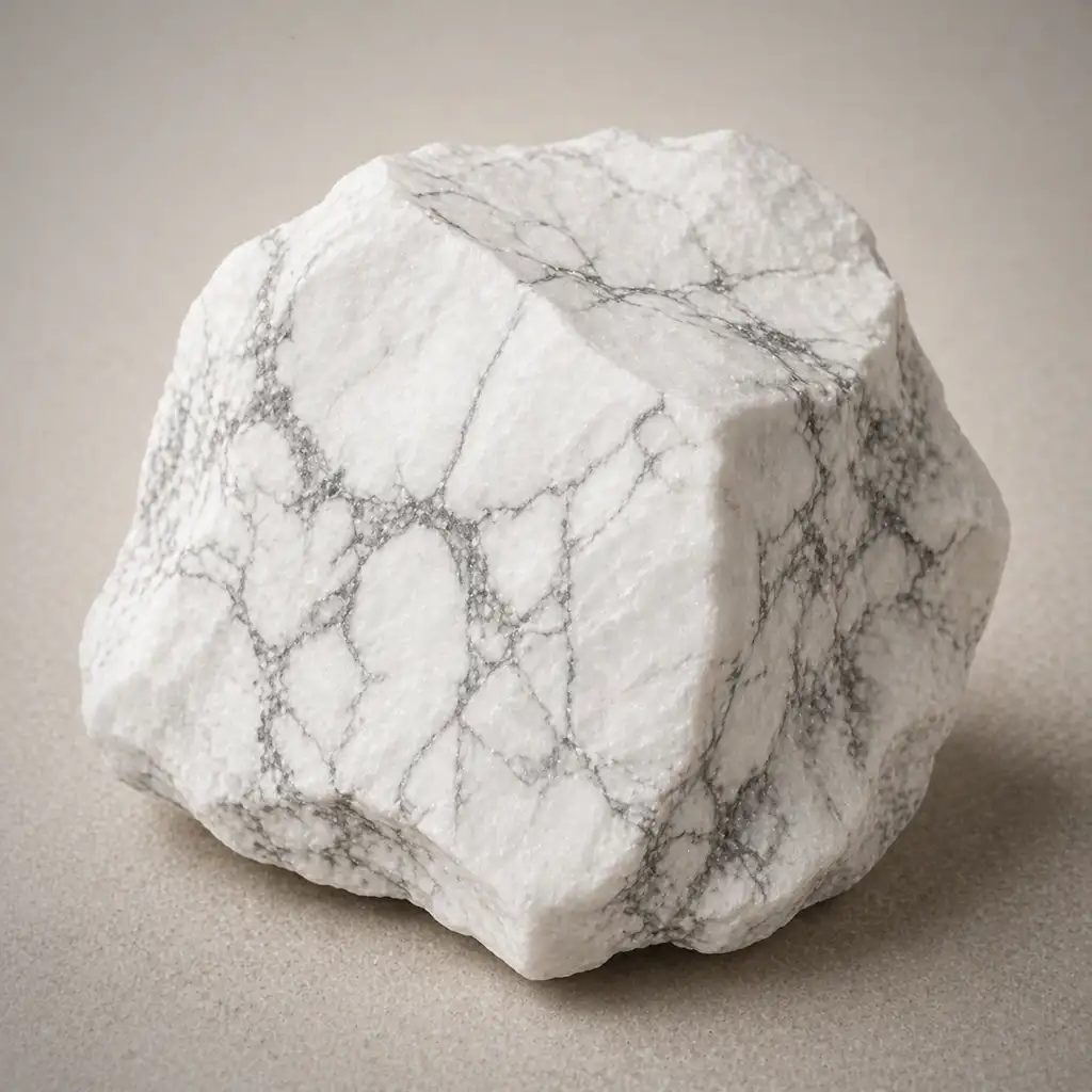 Raw howlite crystal specimen showing white stone with soft gray spiderweb veining and matte mineral texture