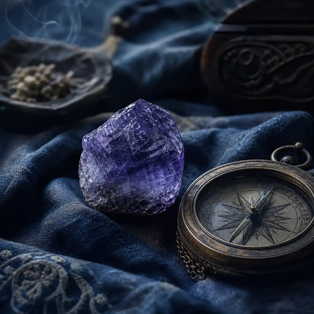 Iolite crystal in a spiritual healing meditation scene with candles and calm serene atmosphere