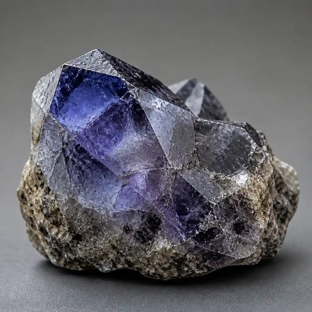 Raw Iolite crystal specimen showing natural mineral texture and coloring