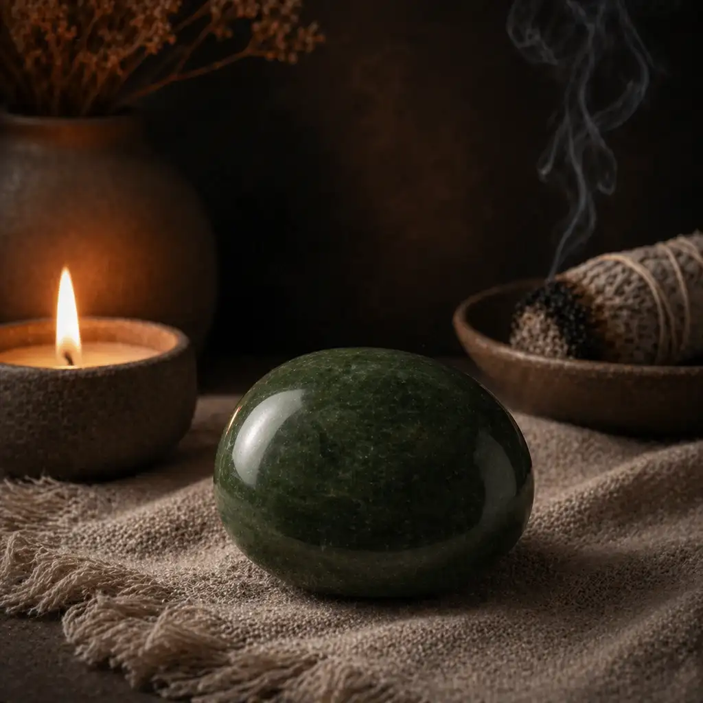 Jade crystal in a healing ritual scene with candlelight, linen textures, and calm prosperous spiritual ambience