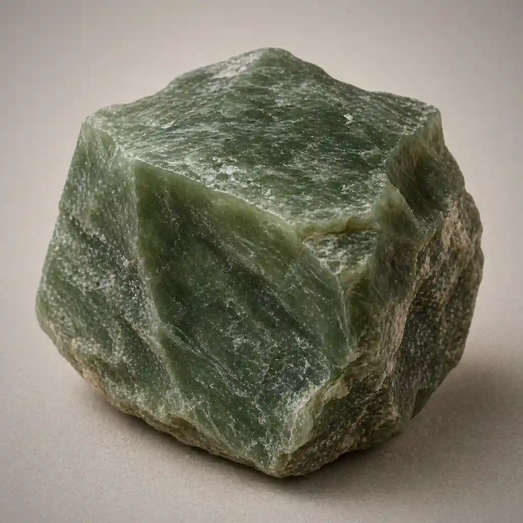 Raw jade crystal specimen showing rich green stone, waxy luster, and natural rugged mineral texture