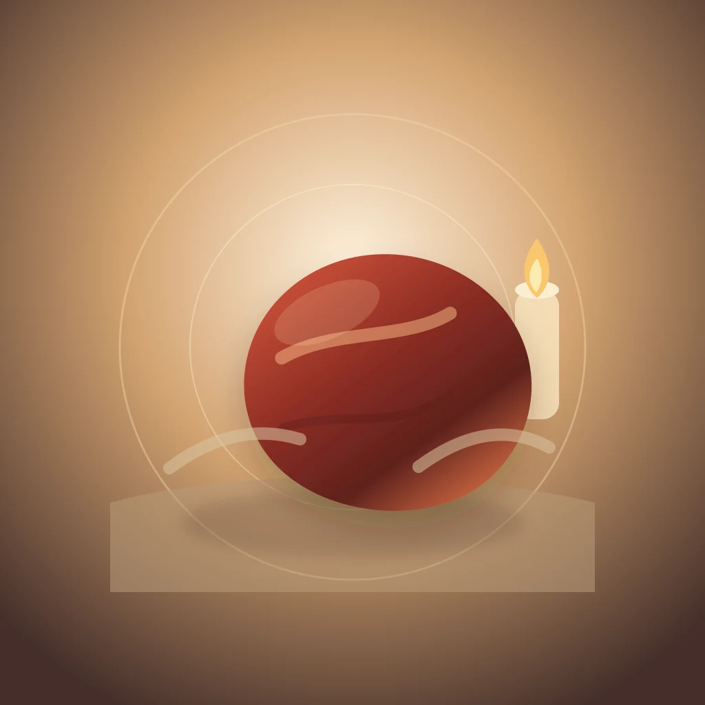 Red jasper crystal in a healing ritual scene with candlelight, linen textures, and grounded nurturing spiritual ambience