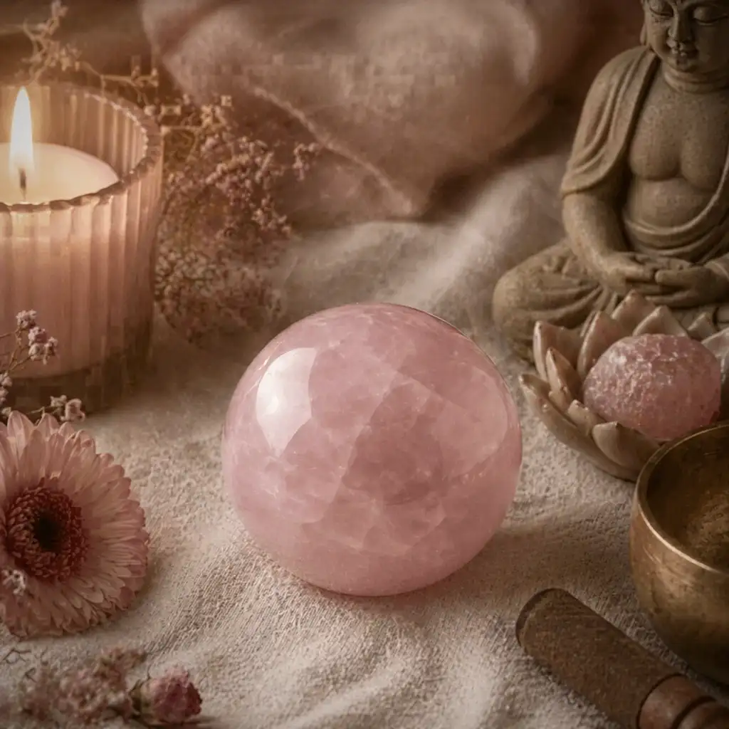 Kunzite crystal in a healing ritual scene with candlelight, linen textures, and peaceful heart-centered spiritual ambience